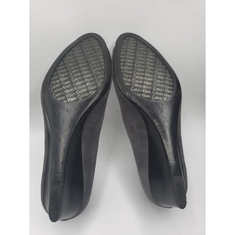 Calvin klein dark gray or charcoal suede peep-toe wedge shoes by with silver Sz9